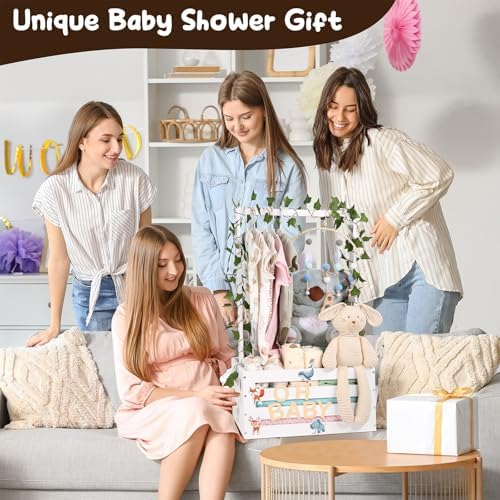 Large Baby Shower Gifts Basket Wooden Crate, Personalized Wooden Letters Hangers New Born Baby Girl Boy Pregnancy Gifts for New Mom Parents Vine Decorations Cute Closet with Adjustable Handle White - Image 2