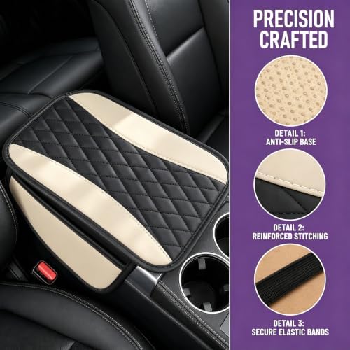 Center Console Cover, PU Leather Car Armrest Cushion with Side Storage Pockets, Universal Armrest Protector Organizer for SUV Truck Sedan (Beige) - Image 4