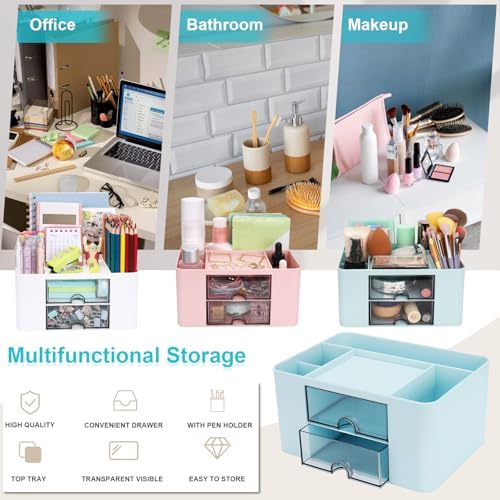 Meiikun Plastic Pen Organizer, Multifunctional Desk Organizer with 2 Drawers, 4 Compartments & a Top Tray, Pencil Holder Desktop Organizers and Accessories for Office, 7.7" x 5.5" x 3.9" (Blue) - Image 4