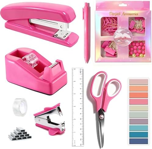 Dimonluce Hot Pink Desk Accessories, Hot Pink Office Supplies Accessories with Tape Dispenser, Stapler, Staple Remover, 1000 Staples, Tape, Clips Set, Ruler, Scissor, Pen by Dimonluce