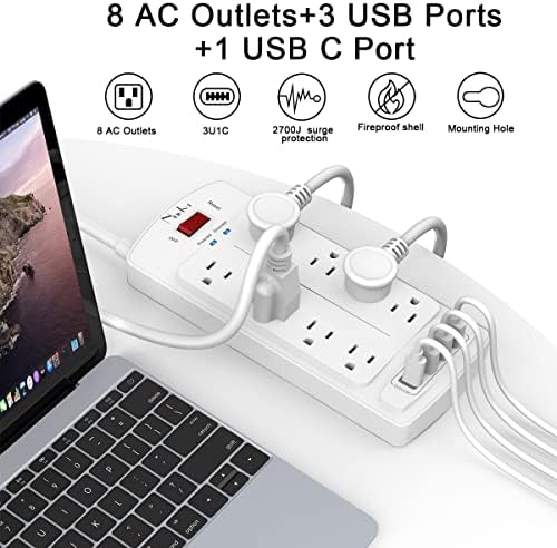 Surge Protector Power Strip - Nuetsa Flat Plug Extension Cord with 8 Outlets and 4 USB Ports, 20 Feet Power Cord, 2700 Joules, ETL Listed, White - Image 2