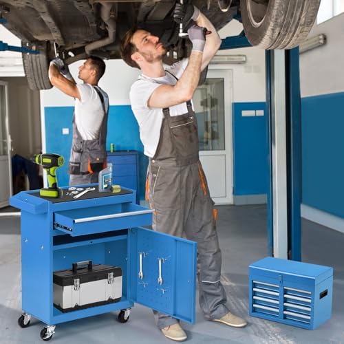 Dawmilon 5-Drawer Rolling Tool Chest with Wheels - Large Tool Storage Cabinet with Detachable Toolbox for Repair Room, Warehouse - Rolling Tool Box with Hooks, Liners, Blue - Image 2