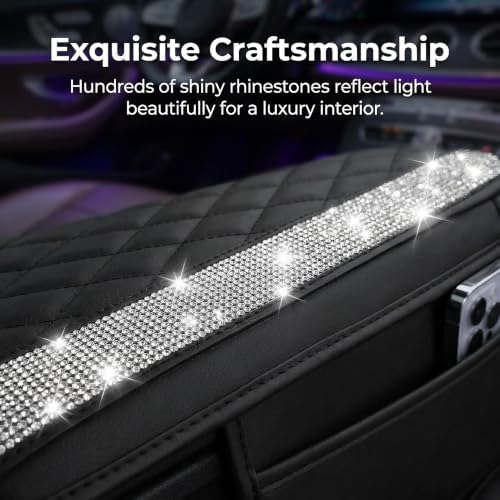 Sparkly Car Center Console Cover, Premium Rhinestone Armrest Cover for Car Center, Microfiber Leather Auto Arm Rest Cushion with Side Storage Pockets, Universal for Most Vehicles (Silver) - Image 3