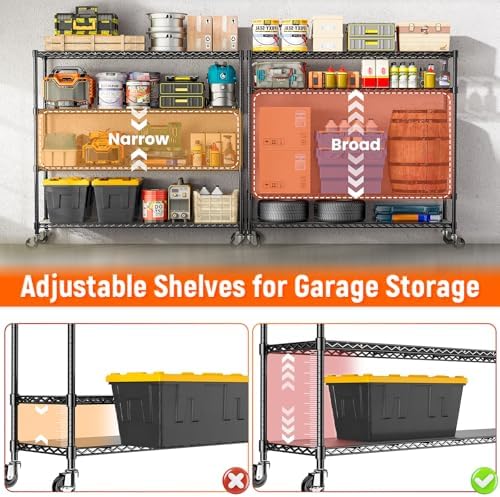 48" W Storage Shelves 1500LBS Metal Shelving Unit with Wheels, Adjustable Garage Shelving Heavy Duty Wire Rack with Liners for Pantry Warehouse Commercial Office, 48" W x 18" D x 76.77" H - Image 6