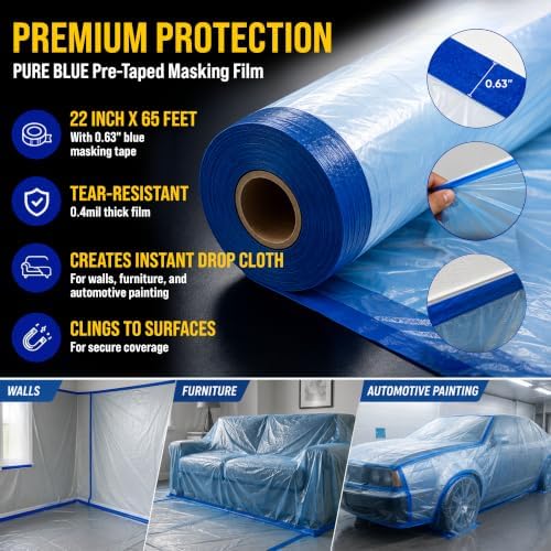 Dura-Gold 22" Wide x 65' Long Roll of Pure Blue Pre-Taped Masking Film, 0.4 Mil Pre-Folded Overspray Paintable Plastic Protective Sheeting, Pull Down Drop Sheet - Auto Painting, Cover Walls Furniture - Image 2