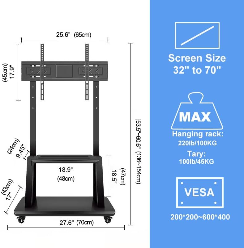 Hellsehen Mobile TV Stand,Rolling TVs Cart on Wheels Height Adjustable Heavy-Duty Floor Stand Base for 32-75 Inch LCD LED OLED Flat Panel Screens Smartboard Movable Holds up to 220lbs with Shelf - Image 5