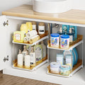 Delamu 2-Tier Multi-Purpose Bathroom Under Sink Organizers and Storage, Stackable Kitchen Pantry Organization, Pull Out Medicine Cabinet Organizer with Movable Dividers, Golden, 2 Pack by DELAMU