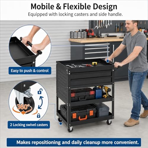 Garvee 30 Inch Rolling Tool Cart on Wheels, 3 Tier Steel Utility Tool Cabinet with 2 Drawer and Casters, Heavy Duty Tool Chest for Garage, Warehouse and Workshop - Image 3