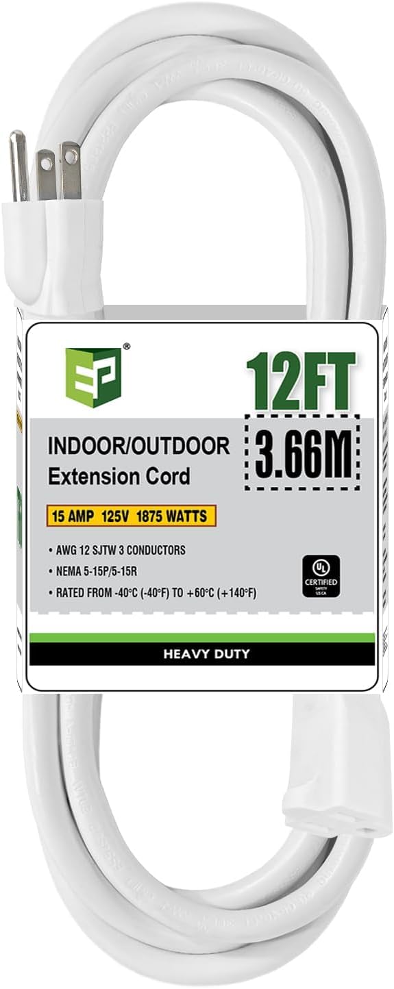 EP 12 Ft Outdoor Extension Cord, 12/3 SJTW Heavy Duty Extension Cable by ENERGYPRO
