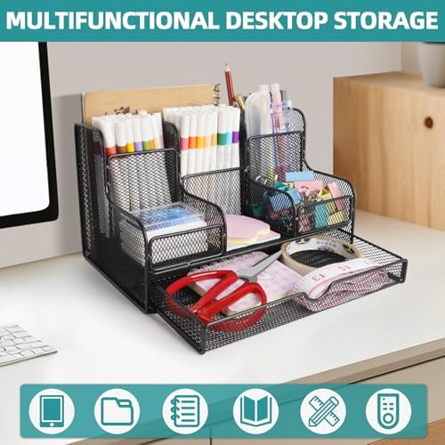 Black Mesh Desk Organizer Caddy and Accessories with 7 Compartments, Mesh Multifunctional Desktop Accessories Organizers Office Supplies Desktop Organizer for Home, Office - Image 4