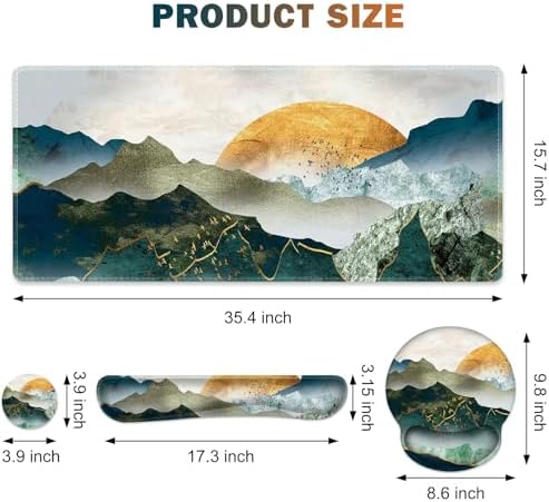 Gaming Mouse Pad, Large Desk Mat, Cute Desk Pad Protector, 4in1 XXL Mousepad +Keyboard Wrist Rest+Mouse Wrist Rest+Coaster Set with Ergonomic Desk Pad for Home Office Table Computer Green Mountain - Image 2