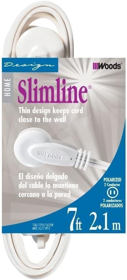 Woods Slimline 16/2 Flat Plug Extension Cord, 7ft, White, 2236 (Pack of 12) by Woods