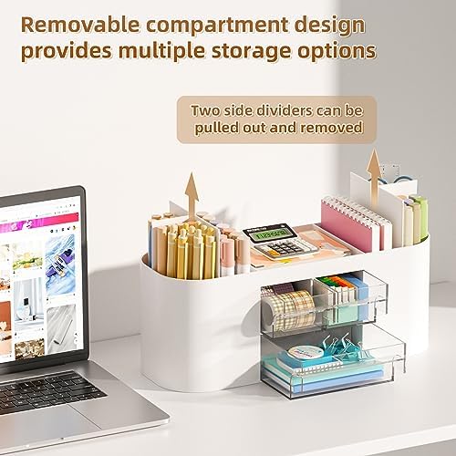 Marbrasse Desk Organizer Pen Holder for Desk with 3 Drawers, Multi-Functional Pencil Holder, Desk Organizers and Accessories with 7 Compartments for Home, School, Classroom(White) - Image 2
