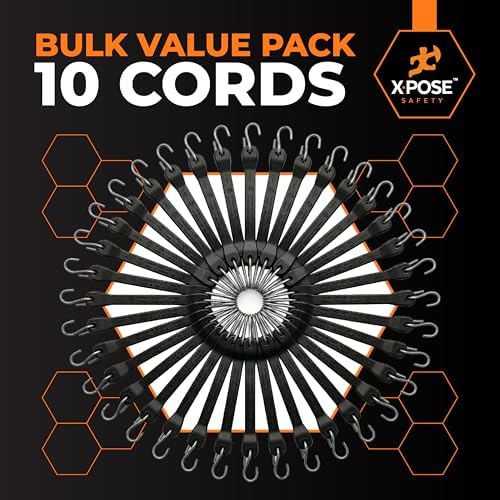 Rubber Bungee Cords with Hooks 10 Pack 9 Inch (14” Max Stretch) Heavy-Duty Black Tie Down Straps for Outdoor, Tarp Covers, Canvas Canopies, Motorcycle, and Cargo - by Xpose Safety - Image 6
