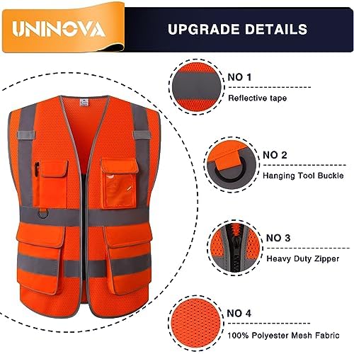 Safety Vest with Pockets, Mesh Breathable Reflective Work Vest for Construction, Traffic Flaggers, Warehouse, Truck Drivers, Airport Crews,Road Work(Extra Large, Orange Mesh) - Image 5