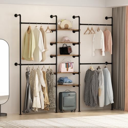 Industrial Pipe Clothing Racks with 5 Shelves, Wall Mounted Clothes Rack for Hanging Clothes, Black Wall Clothing Rack, Heavy Duty Clothes Rack for Walk in Closet, Laundry Room - Image 2