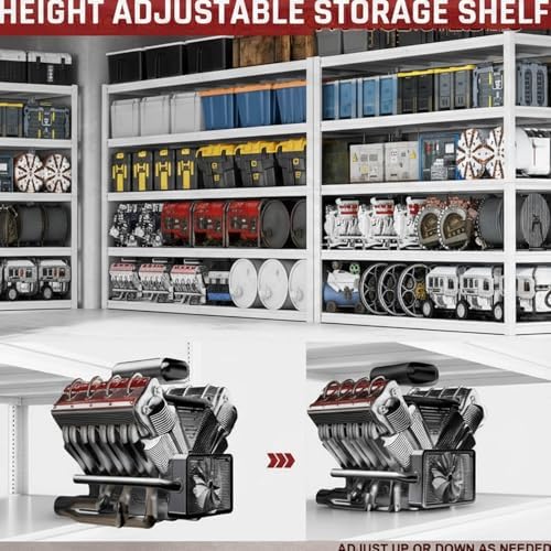 65" W Garage Shelving Unit, 65" W x 20" D x 84" H, Heavy Duty Garage Storage Shelves, 5 Tier Storage Rack Shelf, Industrial Adjustable Shelves for Basement Warehouse, White - Image 3
