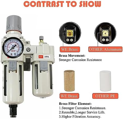 RIH Pneumatics Compressed Air Filter Regulator Lubricator Combo Water/Oil Trap Separator - Gauge(0-150 psi), Semi-Auto Drain, Poly Bowl,Bracket - 3 in 1 Two Unit (1/2“ NPT Auto Drain) - Image 3