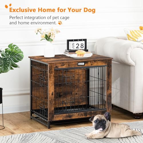 Dog Crate Furniture, 25.5" Small Dog Kennel Indoor, Wooden Cage with Pull-Out Tray, Double Doors Pet House Side End Table for Small/Medium Dogs, Rustic Brown BF642GW03G1 - Image 2