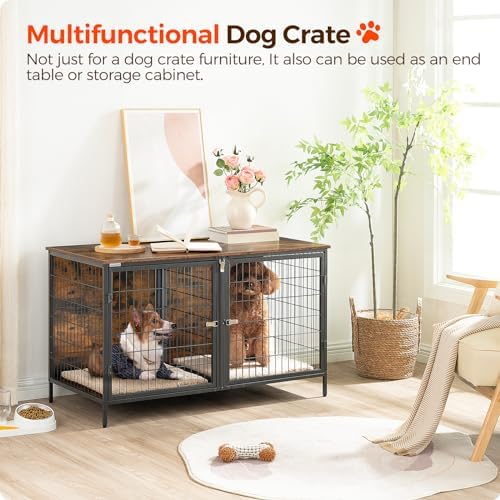 MAHANCRIS Dog Crate Furniture for 2 Dogs, 43.3" Dog Kennel with Removable Divider, Heavy Sturdy Dog Furniture Style Double Cage for Small Medium Dog, Indoor Pet House End Table, Rustic Brown DCHR1201 - Image 2