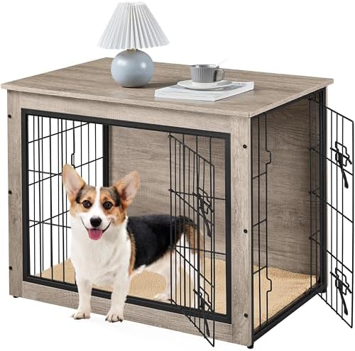 Yaheetech 32in Wooden Dog Crate Furniture w/Cushion for Medium Dogs, Gray by Yaheetech