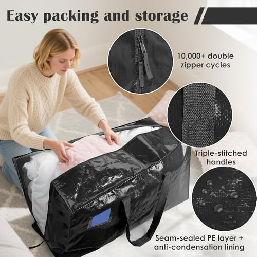 12 Pack Moving Bags with Full-Open Side Zipper, Extra Large 93L Heavy Duty Waterproof Foldable Storage Totes for College Dorm, Moving & Home Organization Black - Image 3