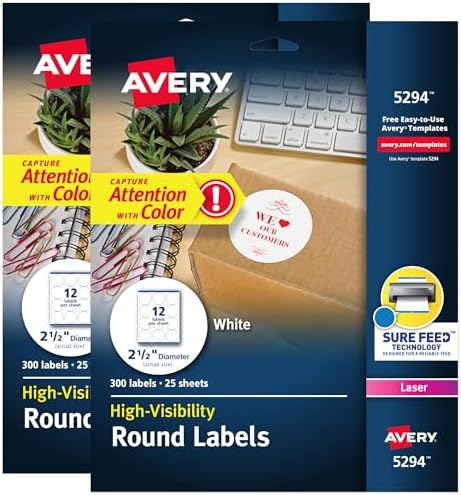 Avery® High Visibility Printable Round Labels, Sure Feed® Technology, 2.5" Diameter, White, Laser Printer, 300 per Pack, 2 Packs, 600 Customizable Blank Labels Total (45294) by Avery