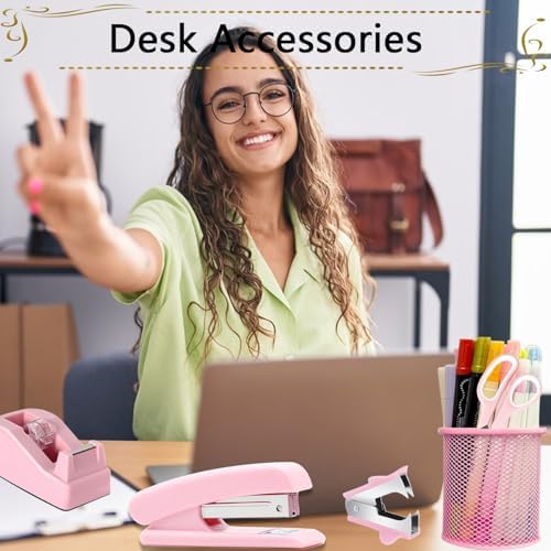 Office Supplies,Desk Accessories, Stapler and Tape Dispenser Set for Women with Stapler, Tape Dispenser, Staple Remover, Staples, Clips, Scissor and Tabs,Gift for Students, Coworkers - Image 4