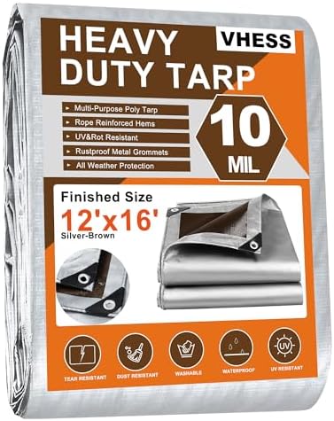 Tarps Heavy Duty Waterproof 12’ X 16’, 10 Mil Multipurpose Poly Tarp Cover, tarp Waterproof UV Resistant Tear&Fade Resistant, Outdoor Tarpaulin for Roof, Camping, Patio, Pool, Boat, Car by VHESS