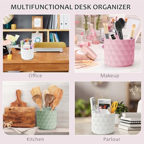 Desk Organizer, 360-Degree Rotating Pencil Pen Holders For Desk, Diamond Pattern Pen Organizer With 5 Compartments, Cute Desk Accessories Decor For Office, School,Home,Art Supply (White) - Image 6
