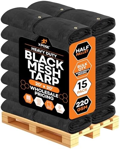 Heavy Duty Mesh Tarp 20' x 20' - Bulk Half Pallet (15 Pack) Multipurpose Black Protective Cover with Air Flow - Use for Shade, Fences, Canopies, Dump Trucks – Weatherproof & Durable by Xpose Safety by XposeSafety