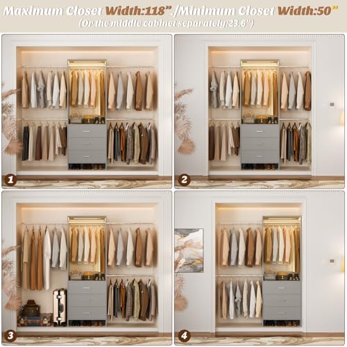 Aheaplus Closet System with Motion-Sensing Light, 3 Wooden Drawers and 4 Hanging Rods, Customizable Walk-in Closet Organizer with 3CCT LED, Heavy Duty Garment Rack for Bedroom,Grey - Image 5