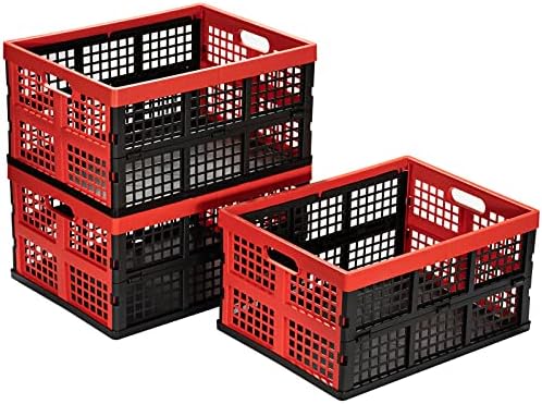 Eslite 34L Large Plastic Folding Storage Crates,Collapsible Crates for Storage,Pack of 3 (Black+Red) by Eslite