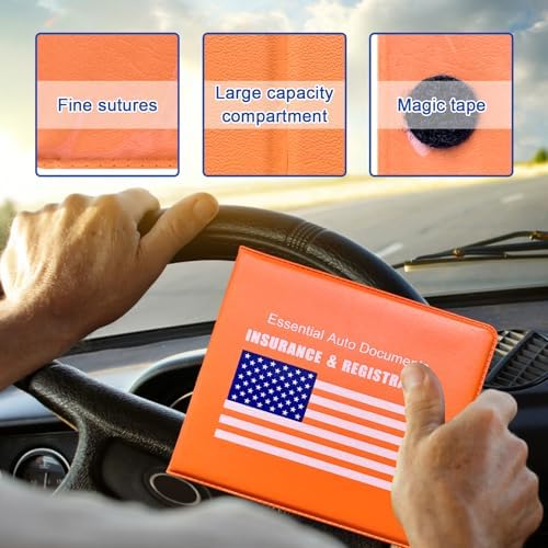 Ziciner Car Registration Insurance Holder, 2Pack Essential Auto PVC Card Document Glove Box Organizer with Velcro Closure, Universal Car Accessories for Men & Women (Orange/Blue Flag) - Image 3