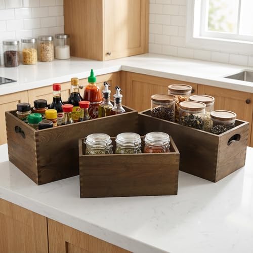 Hedume Set of 3 Nesting Wooden Crates, Wood Crate Box with Handle, Rustic Brown Decorative Wood Storage Crates Container, Stackable Cube Basket Bins Organizer for Home, Office, Closet, Shelf - Image 6