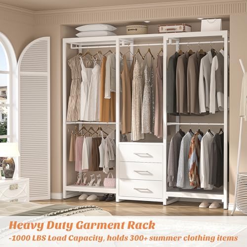 Aheaplus Garment Rack Heavy Duty Clothes Rack for Hanging Clothes,Clothing Rack with Drawers, Wood Stoarge Shelf Freestanding Closet Wardrobe Rack, Corner L Shaped Closet System Organizers, W3,White - Image 4