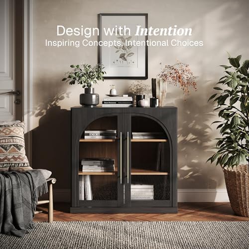 BELLEZE Modular Sideboard with Arched Glass Door, Accent Display Buffet Cabinet with Storage and Adjustable Shelves,Classic Modern Credenza for Living Room Kitchen Entryway (Ebony) - Image 3