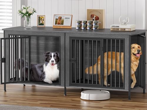 EasyCom 78.74" Dog Crate Furniture for 1 or 2 Dogs, 35-60 Pounds, Dark Grey by EasyCom