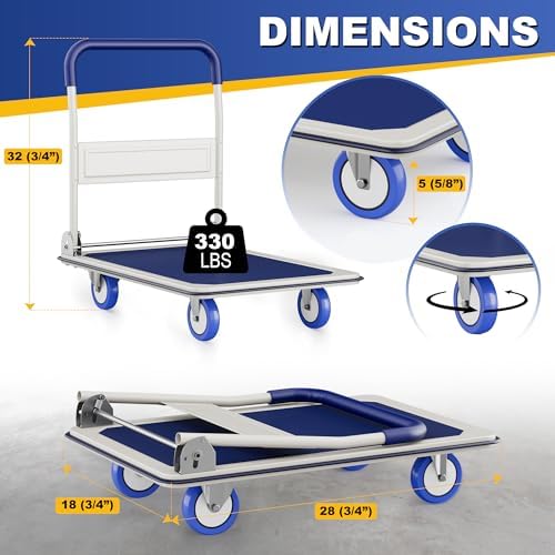 Foldable Push Cart Dolly | 330 lbs. Capacity | Heavy Duty Moving Platform Hand Truck with Swivel Wheels | Small Flatbed Cart | Space Saving Push Handle-b3 - Image 2