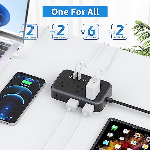 10 in 1Power Strip NTONPOWER Ultra Thin Flat Plug Extension Cord with 4 USB Ports(Include 2 USB C) Surge Protector Power Strip with Flat Cord 6 Widely Spaced Outlet(2 Side) 5 Ft Extension Cord-Black - Image 2