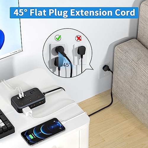 10 in 1Power Strip NTONPOWER Ultra Thin Flat Plug Extension Cord with 4 USB Ports(Include 2 USB C) Surge Protector Power Strip with Flat Cord 6 Widely Spaced Outlet(2 Side) 5 Ft Extension Cord-Black - Image 3