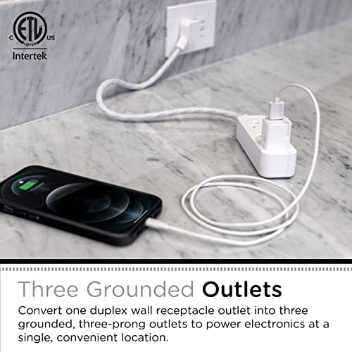 Cordinate Designer Mini 3-Outlet Power Strip, 18 in Braided Extension Cord, Grounded Adapter, Low-Profile Flat Plug, ETL Listed, White/Gray, 47297 (Pack of 12) - Image 4