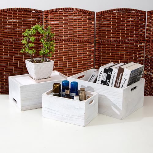 Set of 3 Rustic White Wooden Nesting Crates, 15.4x11x7 Inches Large Farmhouse Wood Storage Crates with Cutout Handles, Stackable Decorative Wood Storage Bins fot Home Decor Wedding Display - Image 6
