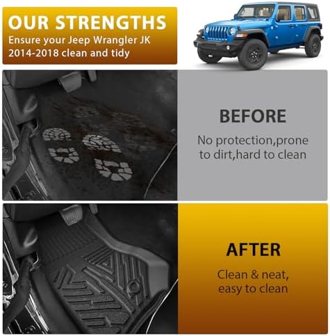 Powerty Floor Mats for Jeep Wrangler JK 2014-2018 Unlimited 4-Door (NOT for JL or 2-Door) All Weather 3D TPE Anti-Slip Car Liners for 1st & 2nd Row Accessories - Image 6