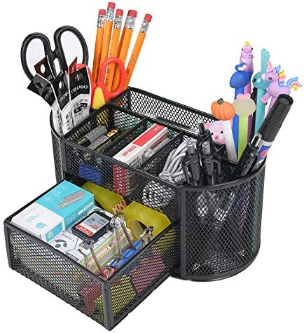 Desk Organizer with 9 Compartments, Mesh Office Organization for Scissors, Post-it, Sticky notes, Pen Holder, Metal Office Desk Organizers and Accessories by YAHENLI