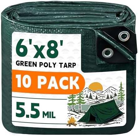 RAINDEWAY Green Tarp 6x8 Feet(10 Pack),5.5Mil Waterproof Poly Tarps Cover by RAINDEWAY