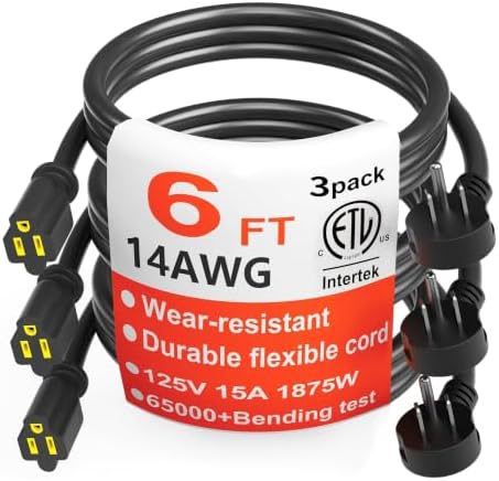 HUANCHAIN 14 Gauge 6 FT 3 Pack Black Flat Plug Extension Cord, Indoor by huanchain