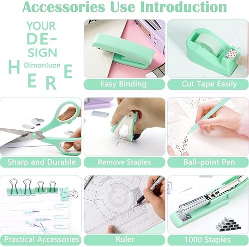 Dimonluce Green Office Supplies, Teal Desk Accessories Accessories with Tape Dispenser, Stapler, Staple Remover, 1000 Staples, Tape, Clips Set, Ruler, Scissor, Pen - Image 4