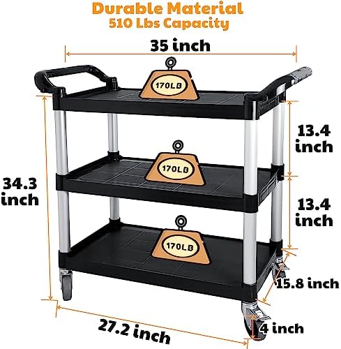 Plastic Utility Cart with Wheels, 3 Tier Rolling Cart with Lockable Wheels, Heavy Duty 510lbs Capacity Food Service Cart for Office, Restaurant, Kitchen, Home, Warehouse - Image 4