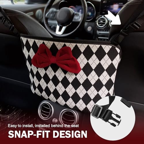 Car Backseat Organizer, Argyle Pattern Auto Seat Gap Storage Bag with Bowknot Decor, Vehicle Interior Hanging Organizer for Small Items, Universal for Most Cars - Image 6